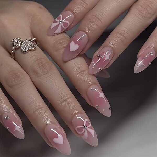 Pink Heart & Bow Almond Nails