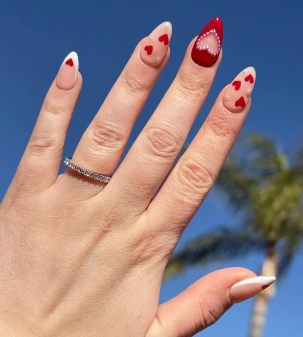 Red Pearl Heart Nails