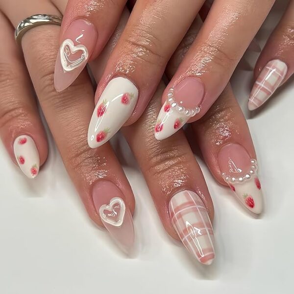 Strawberry Heart Almond Nails